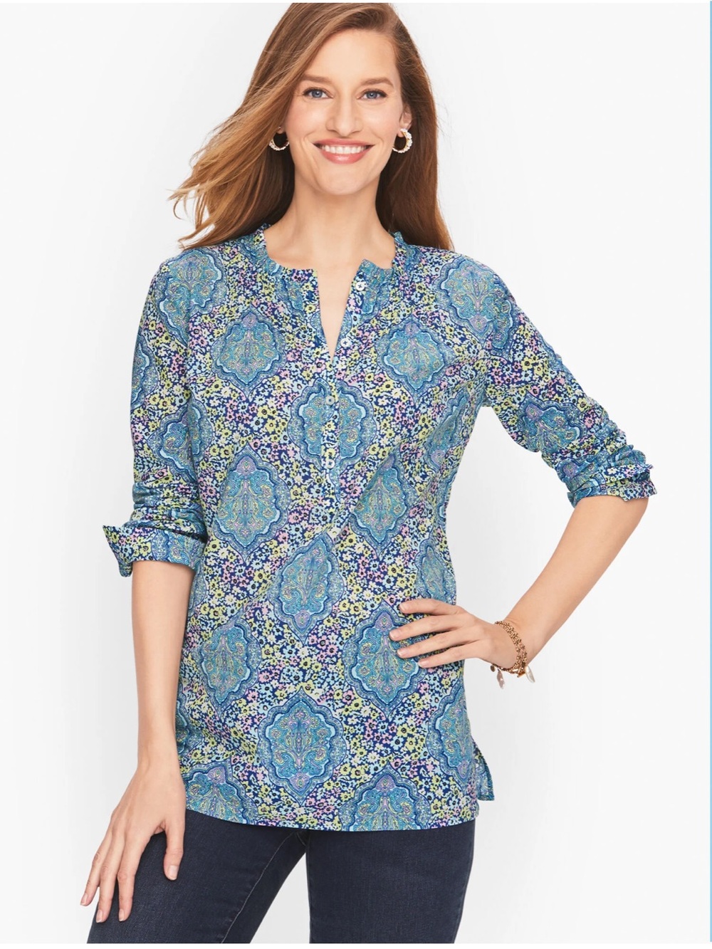 Talbots Blue PINTUCK POPOVER Plus 1X Medallion Lightweight Cotton Feminine
